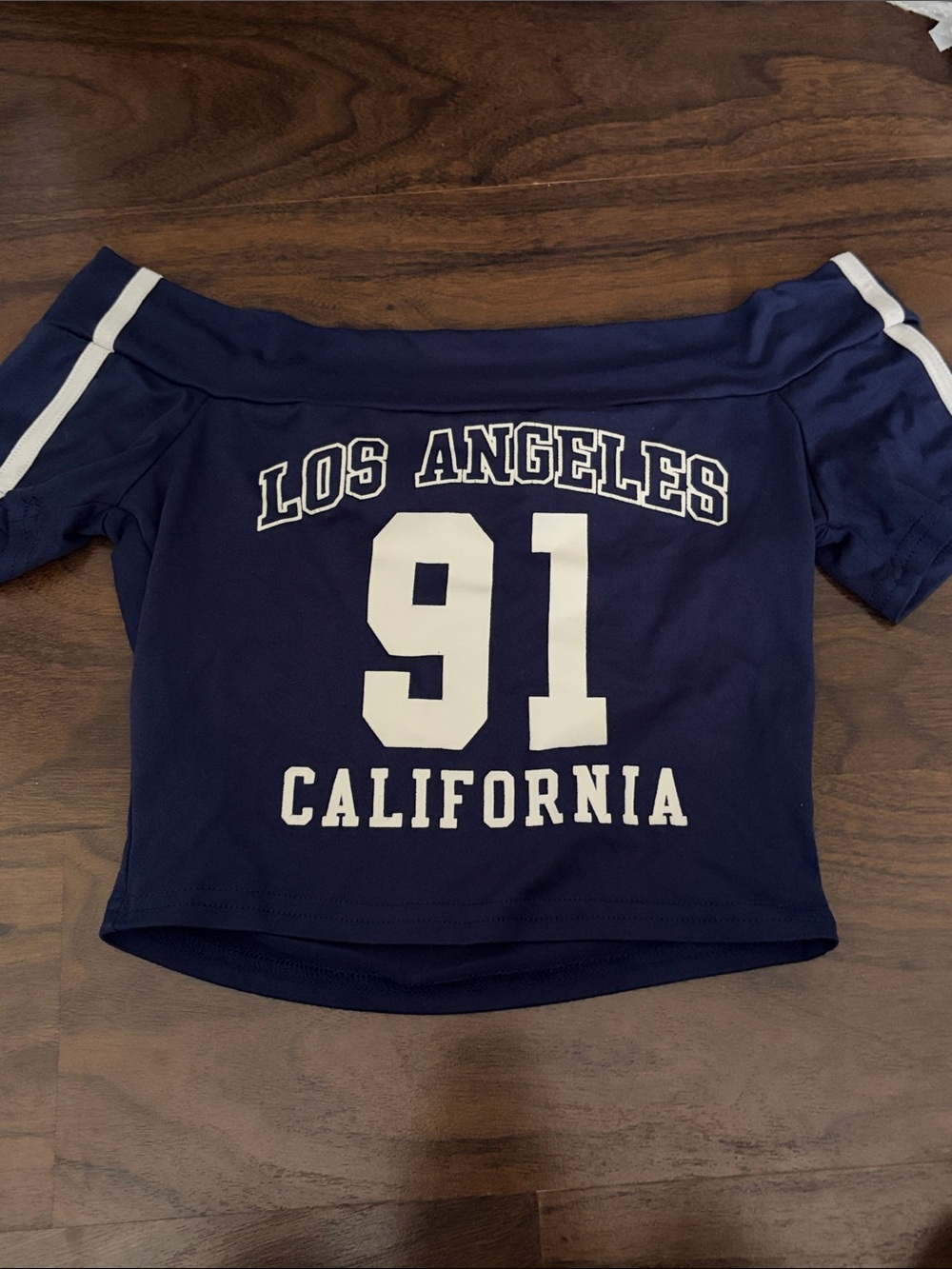 Los Angeles California 91 Navy Off-Shoulder Crop Top